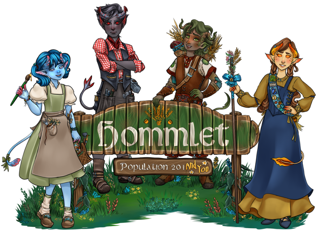 The Tea-flingers in front of the Hommlet town sign