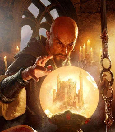 Mordenkainen looking at the Ruins of Castle Greyhawk in a crystal ball